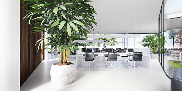 Office space with large panoramic windows and many plants around and inside. 3D rendering.