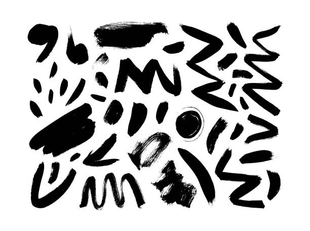 Black dry brushstrokes hand drawn vector set. Curved and zig zag black paint brushstrokes. Black dry brushstrokes hand drawn vector set. Curved and zig zag black paint brushstrokes. Grunge smears collection with wavy, doodle, freehand lines, circles, dots, dashes. Abstract freehand drawing zigzag stock illustrations