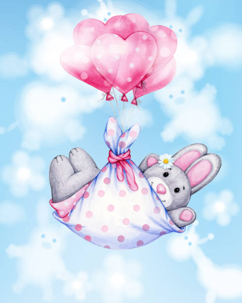 風船とかわいい赤ちゃんウサ��ギの漫画。女の赤ちゃんのためのグリーティングカード。 - birthday card baby shower elephant cute点のイラスト素材／クリップアート素材／マンガ素材／アイコン素材