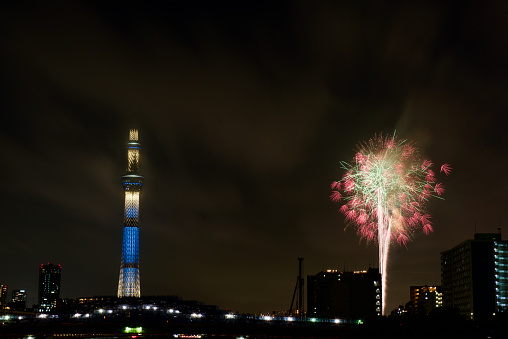 Sumida river fireworks festival.\nSky tree and fireworks.