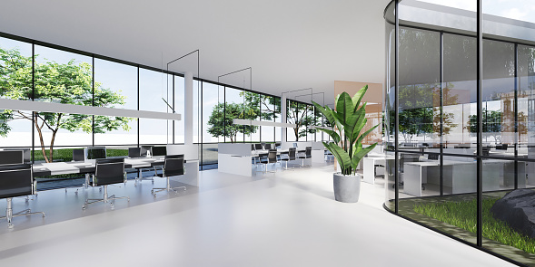 Office space with large panoramic windows and many plants around and inside. 3D rendering.