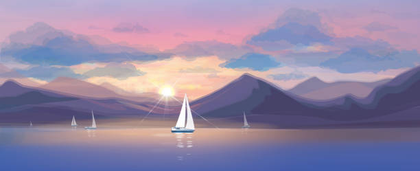 illustrazioni stock, clip art, cartoni animati e icone di tendenza di vettori tramonto scena del mare e yacht. - lake coastline blue nautical vessel