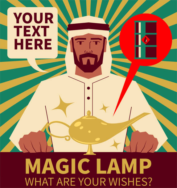 잘생긴 아라비아 남자 (사업가) 전통적인 옷을 입고 (turban) (iea, opec, arec) 그의 마법의 램프, 오일은 "램프"입니다 - opec stock illustrations