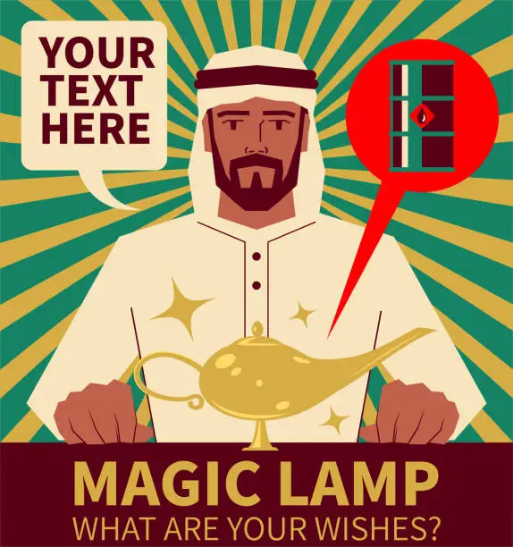 Vector illustration of Handsome arabian man (businessman) wearing traditional clothes (Turban) (IEA, OPEC, AREC) and his magic lamp, oil is the 