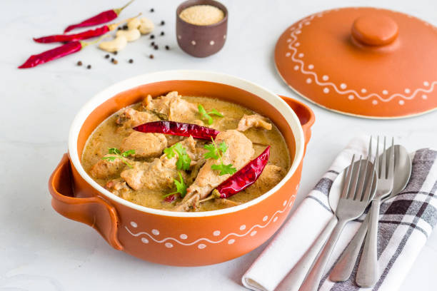 Chicken Rezala in a Clay Pot with Cilantro and Whole Spices Horizontal Photo Chicken Rezala- Popular Indian Cashew Chicken Curry in a Clay Pot with Peppercorn and Red Chili on White Background masala stock pictures, royalty-free photos & images