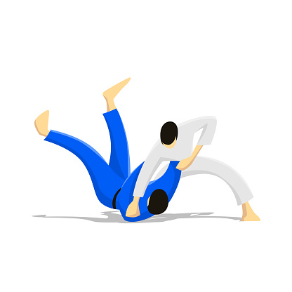 Judo, two men in kimono fighting. Combative sport, flat design cartoon vector illustration