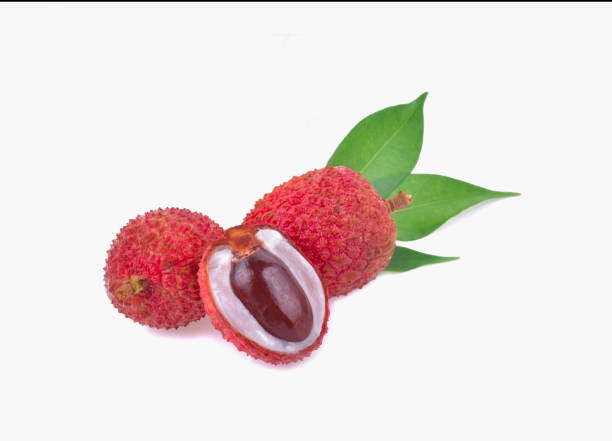 istock Fresh lychee with leaves isolated on white background. 1249164798