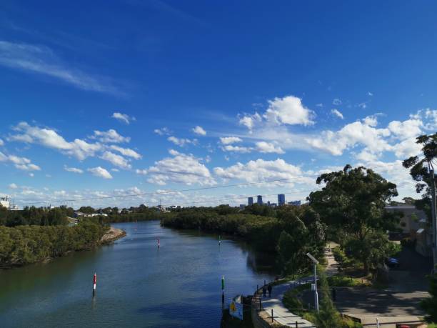 istock Reflection of blue sky in the calm river 1249173481