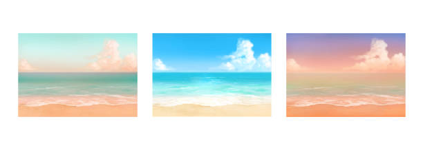 様々なシーンでの熱帯のビーチのベクターイラスト。 - 夕日点のイラスト素材／クリップアート素材／マンガ素材／アイコン素材