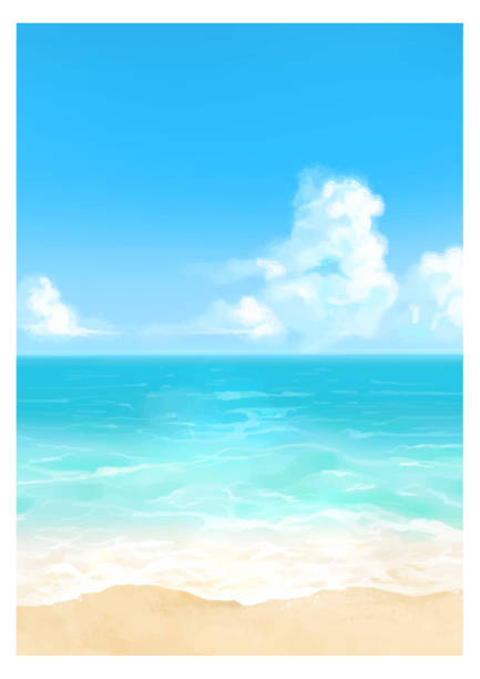 illustrazioni stock, clip art, cartoni animati e icone di tendenza di illustrazione vettoriale della spiaggia tropicale durante il giorno. - composizione verticale illustrazioni