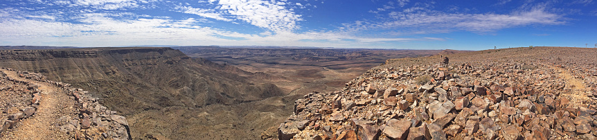 Panoramic view of Fish River Canyon with hikers in the distance -  second only in size to the Grand Canyon, formed from Gneiss rocks starting at Seeheim, at the lower course of the Fish River and ending at Ai Ais. The Canyon is 161 km long, 27 km wide and up to 550m deep and is part of the Ais-Ais Richtersveld Transfontier Park, South Namibia, West Africa