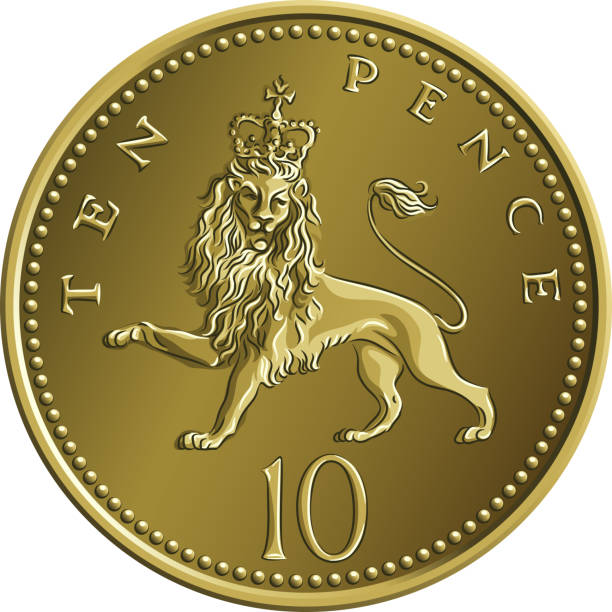 Vector British money gold coin 10 pence British money gold coin Ten pee or ten pence, reverse with heraldic crowned lion british coins stock illustrations
