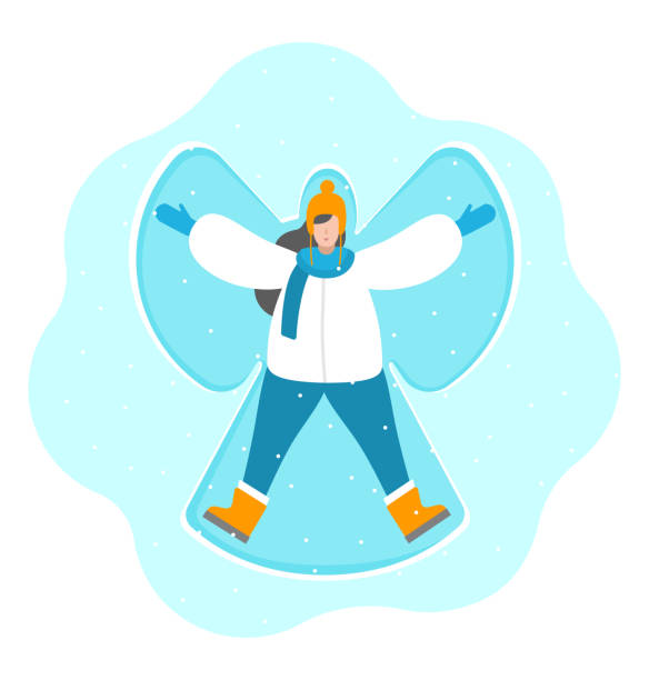 ilustrações, clipart, desenhos animados e ícones de vetor conceito isolado em estilo plano. a garota deita-se de costas na neve e faz um anjo de neve. atividades engraçadas nas férias de inverno. mulher está em fones de ouvido laranja finlandês, botas, jaqueta branca para baixo, jeans azul - computer graphic child snowflake vector