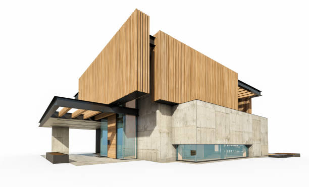 istock 3d rendering of modern house with wood plank facade isolated on white 1249176166