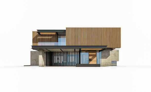 istock 3d rendering of modern house with wood plank facade isolated on white 1249176213