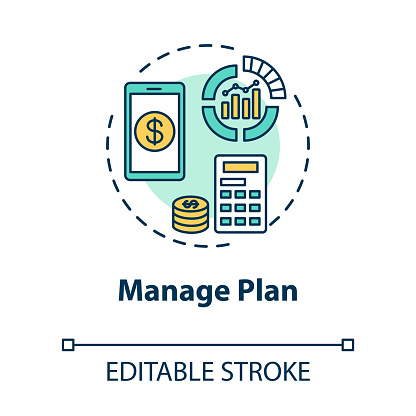 Manage plan concept icon. Internet tariff cost. Calculate payment online. Mobile banking. Check balance. Roaming idea thin line illustration. Vector isolated outline RGB color drawing. Editable stroke