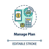 istock Manage plan concept icon. Internet tariff cost. Calculate payment online. Mobile banking. Check balance. Roaming idea thin line illustration. Vector isolated outline RGB color drawing. Editable stroke 1249176265