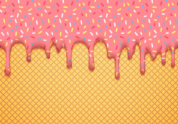 istock Ice Cream Cone Vector Illustration with Dripping Pink Glaze and Wafer Texture. Abstract Food Background Design. 1249181379