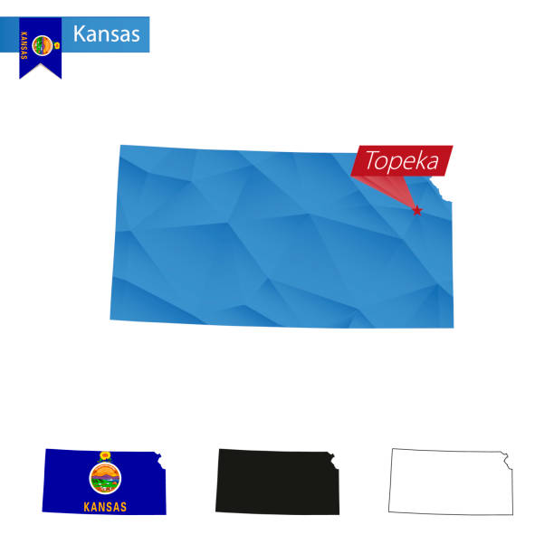 ilustrações, clipart, desenhos animados e ícones de mapa azul low poly do estado do kansas com a capital topeka. - kansas topeka state capital