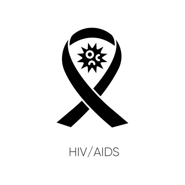 hiv, aids schwarze glyphe symbol. humanes immundefizienzvirus, erworbene immunschwäche-syndrom silhouette symbol auf weißenraum. awareness-band und virale zelle vektor isolierte illustration - immunodeficiency stock-grafiken, -clipart, -cartoons und -symbole