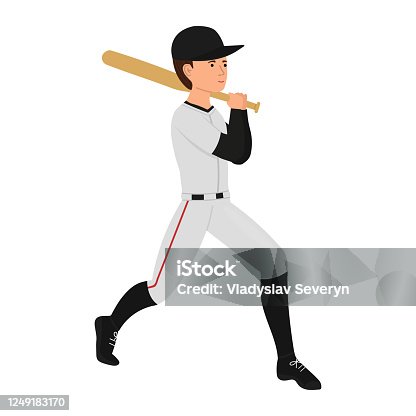 istock Male baseball player with a bat cartoon character. Guy playing baseball vector illustration isolated on white background. 1249183170
