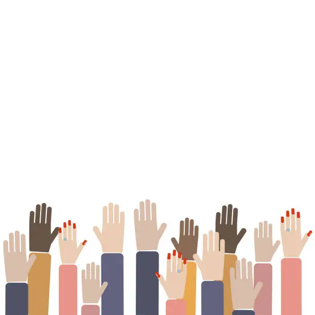 Vector illustration of Vote. Vector image of hands up. A vote by hands. Together, men and women raise their hands in the air at a rally.