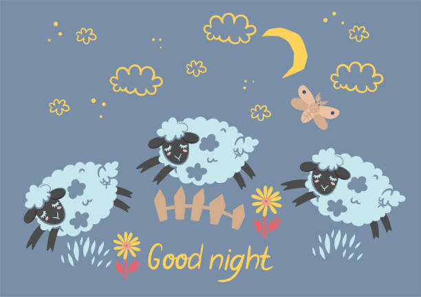 istock A poster of cute sleepy lambs jumping over a fence. Vector graphics. 1249188120