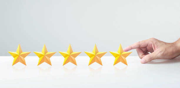 istock Hand of touching rise on increasing five stars. Increase rating evaluation classification concept 1249191022