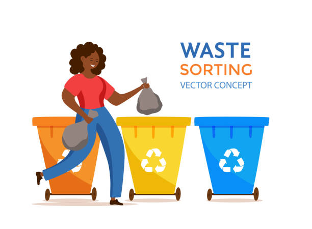 istock Young African American woman throwing garbage into containers vector illustration. 1249193630
