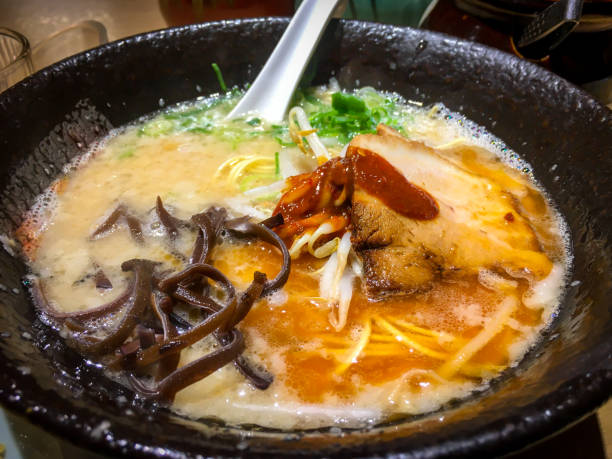 Traditional Kumamoto Tonkotsu ramen with Char siu Close up of traditional Kumamoto style Tonkotsu ramen with Char siu in bowl fukuoka city photos stock pictures, royalty-free photos & images