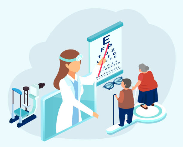 Vector of an ophthalmologist doctor testing eyesight of senior patients man and woman with vision problems Vector of an ophthalmologist doctor testing eyesight of senior patients man and woman with vision problems eye doctor and patient stock illustrations