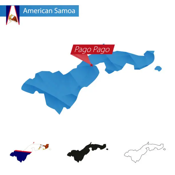 Vector illustration of American Samoa blue Low Poly map with capital Pago Pago.