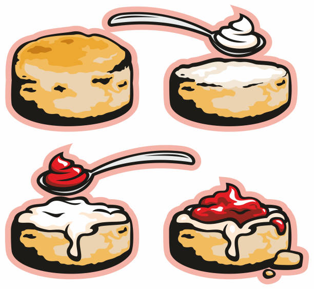Cream Tea An illustrated instruction on how to put together the perfect scone, cream and jam for a great cream tea. clotted cream stock illustrations