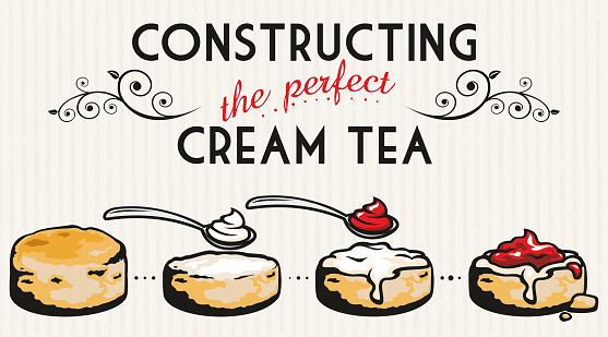 An illustrated instruction on how to put together the perfect scone, cream and jam for a great cream tea.