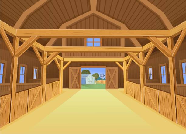 ilustrações de stock, clip art, desenhos animados e ícones de a barn for farm animals, view inside. vector illustration in cartoon style - barn wood window farm