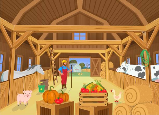 A Barn With Animals And Farmer View Inside Vector Illustration In Cartoon  Style Stock Illustration - Download Image Now - iStock