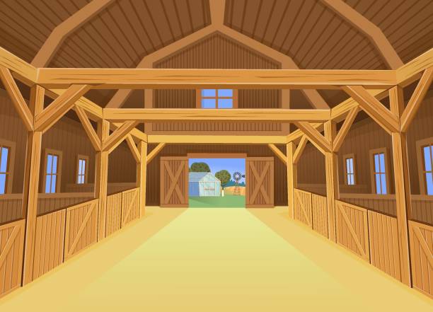 illustrations, cliparts, dessins animés et icônes de une grange pour animaux de ferme, vue à l’intérieur. illustration de vecteur dans le modèle de dessin animé - écurie