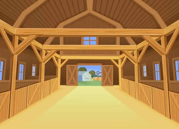 Vector illustration of A barn for farm animals, view inside. Vector illustration in cartoon style