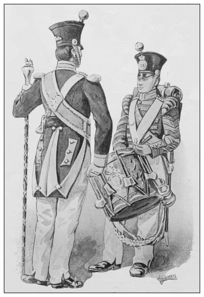 Antique illustration of British Navy and Army: Drum Major and Drummer