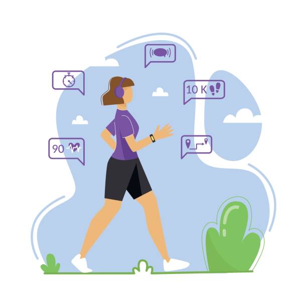 A young woman is engaged in walking in the fresh air. A woman wears a fitness tracker, pedometer. Vector illustration. A young woman is engaged in walking in the fresh air. A woman wears a fitness tracker, pedometer. Vector illustration. Walking stock illustrations