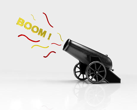 Circus cannon shooting Boom. Vintage gun. Color image of medieval cannon firing on a white background. 3d illustration