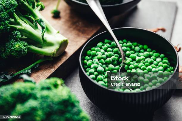 Ingredients For Making Green Vegan Soup Stock Photo - Download Image Now - Green Pea, Broccoli, Cooking
