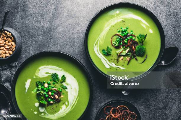 Green Peas Cream Soup Stock Photo - Download Image Now - Soup, Food, Healthy Eating