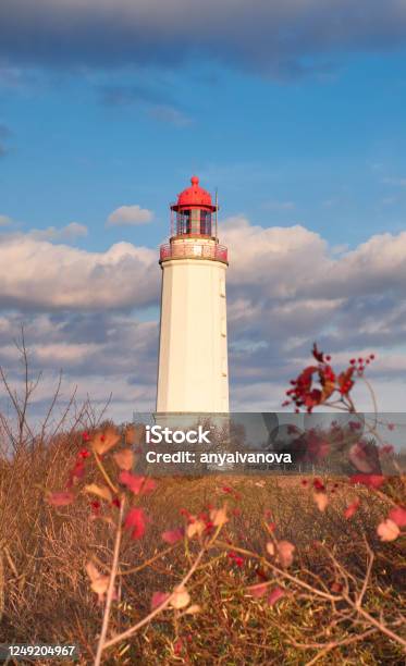 So Called Dornbusch The Lighthouse Of The Island Hiddensee In Autumne North Of Germany Cloudy Sky Red Leafes In The Foreground Stock Photo - Download Image Now