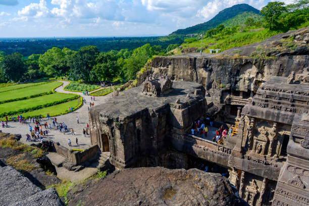 Ellora Caves Aurangabad Aurangabad, India - October 28 2019: BIrds eye view from he mountain side where the rock has been cut to create the ancient temple at Ellora near Aurangabad India, a UNESCO world heritage site. aurangabad maharashtra photos stock pictures, royalty-free photos & images