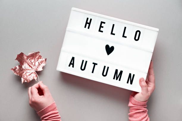 istock Lightbox with text Hello Autumn and heart on silver grey paper background. Flat lay with female hands that hold dry sycamore leaf bronze metallic and the light box. 1249207859
