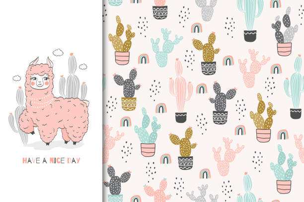 ilustrações de stock, clip art, desenhos animados e ícones de lama baby cute pinky animal character. kids card and seamless background. hand drawn cartoon vector illustration. surface design. - cheerful cactus