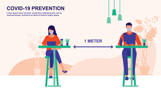 Diners Wear Protective Face Mask While At Post-Pandemic Restaurant. Social Distancing And COVID-19 Coronavirus Outbreak Prevention Concept. Vector Flat Cartoon Illustration. An Awareness To The Public On Covid-19 Prevention. diner illustrations stock illustrations
