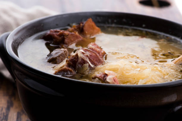 istock Cabbage soup with meat. Farm-style 1249212308