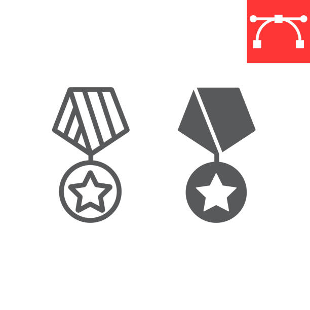밀리터리 메다 라인과 글리프 아이콘, 미국 및 육군, 군사 별 기호 벡터 그래픽, 편집 스트로크 선형 아이콘, eps 10. - medal star shape war award stock illustrations